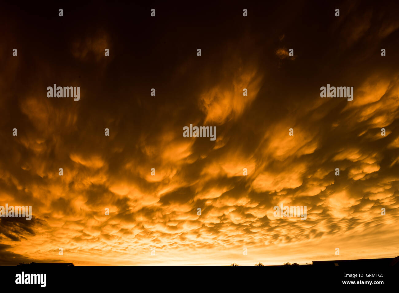 Formazione di rare nuvole mammatus dopo un temporale Foto Stock