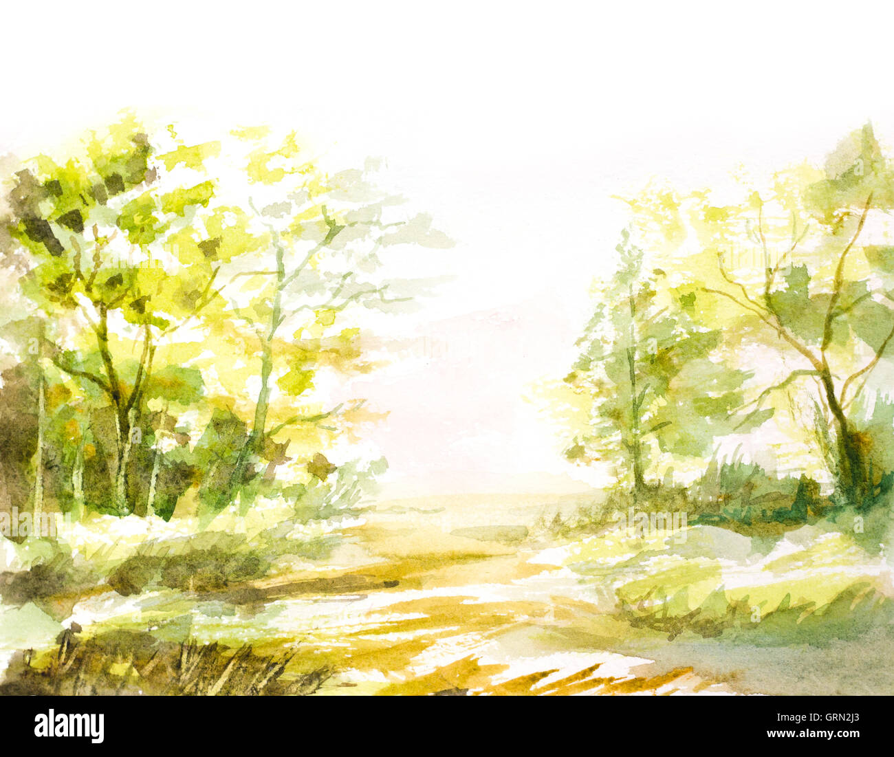 Paesaggio naturale con alberi, erba fatta con abstract di pennellate. pittura ad acquerello Foto Stock