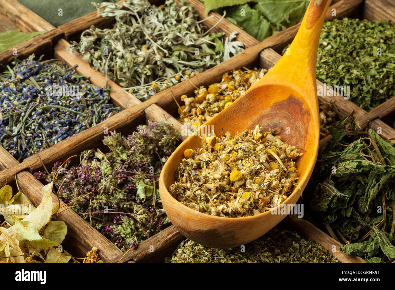 Un assortimento di secchi Erbe mediche tea Foto Stock