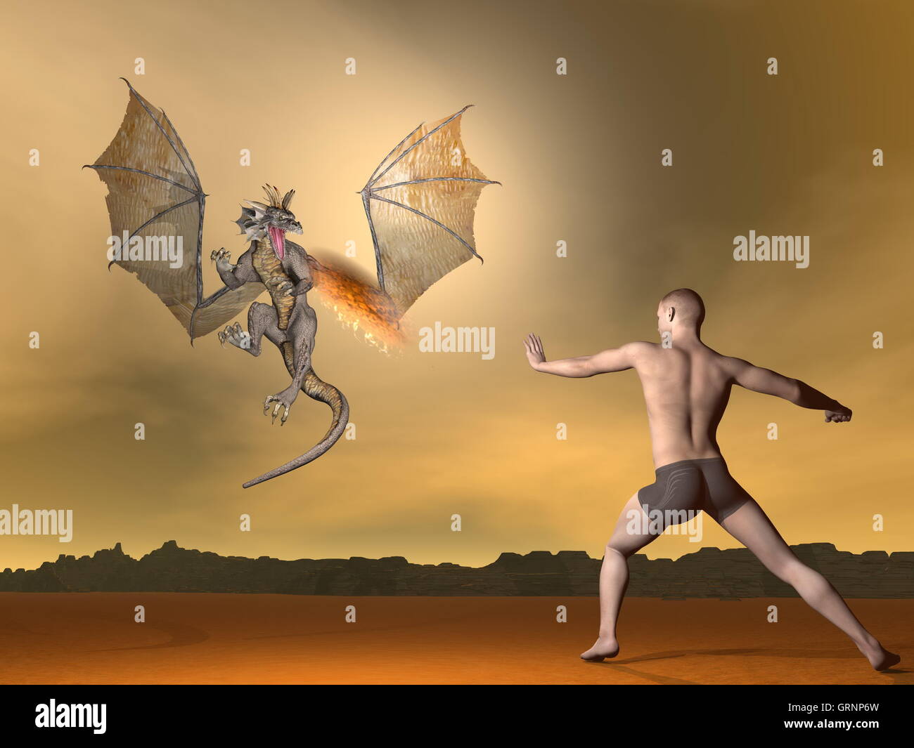 L'uomo lotta dragon - 3D render Foto Stock