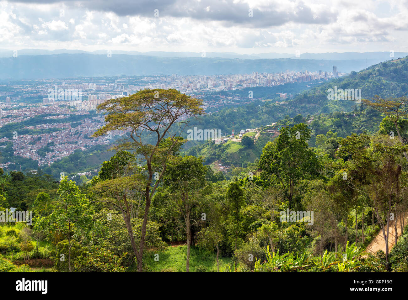 Vista della giungla con Bucaramanga, Colombia nella distanza Foto Stock