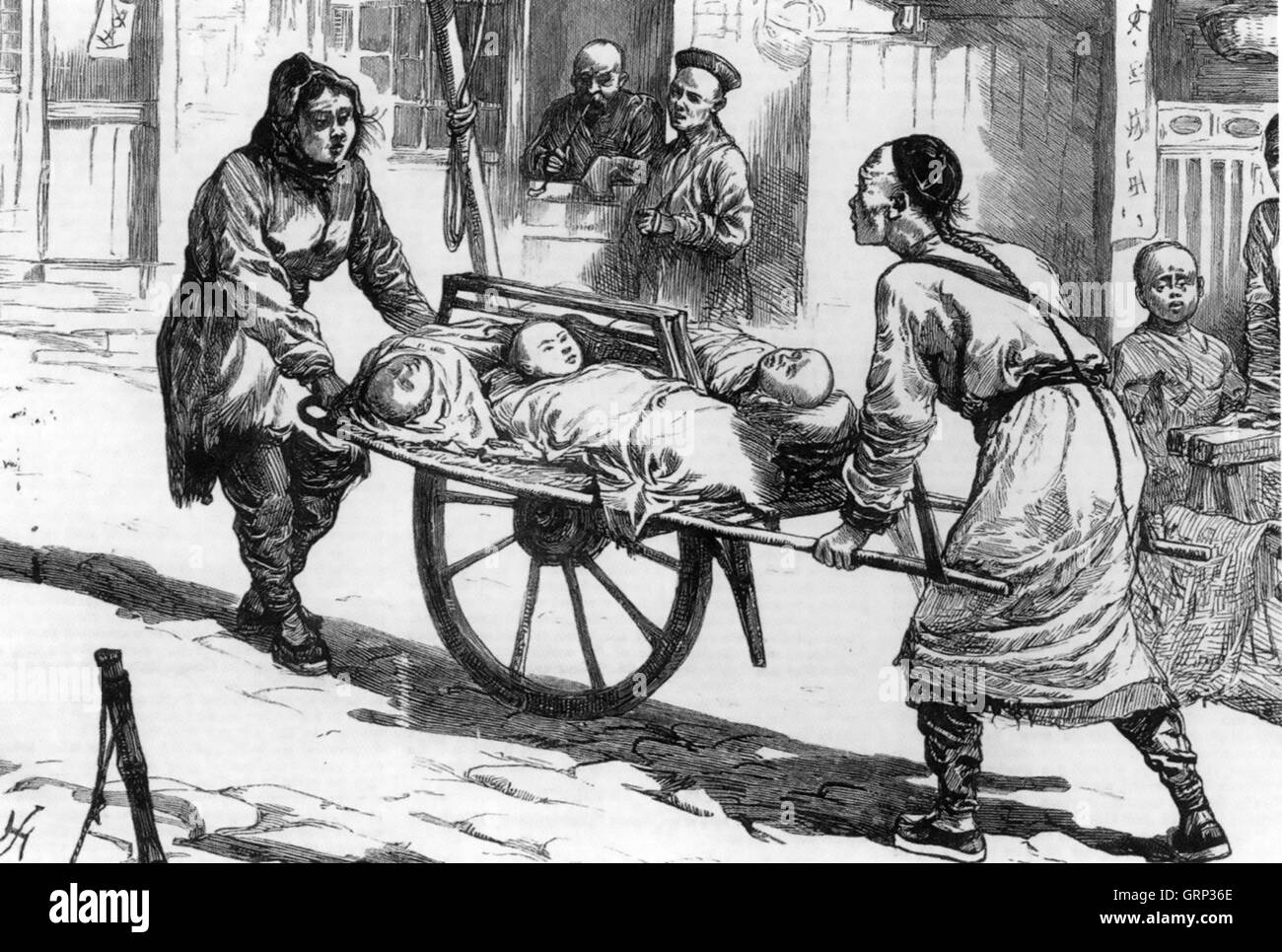 NORTHERN carestia cinese 1876-1879 - i bambini trasportati su una carriola con una sola ruota. Foto Stock