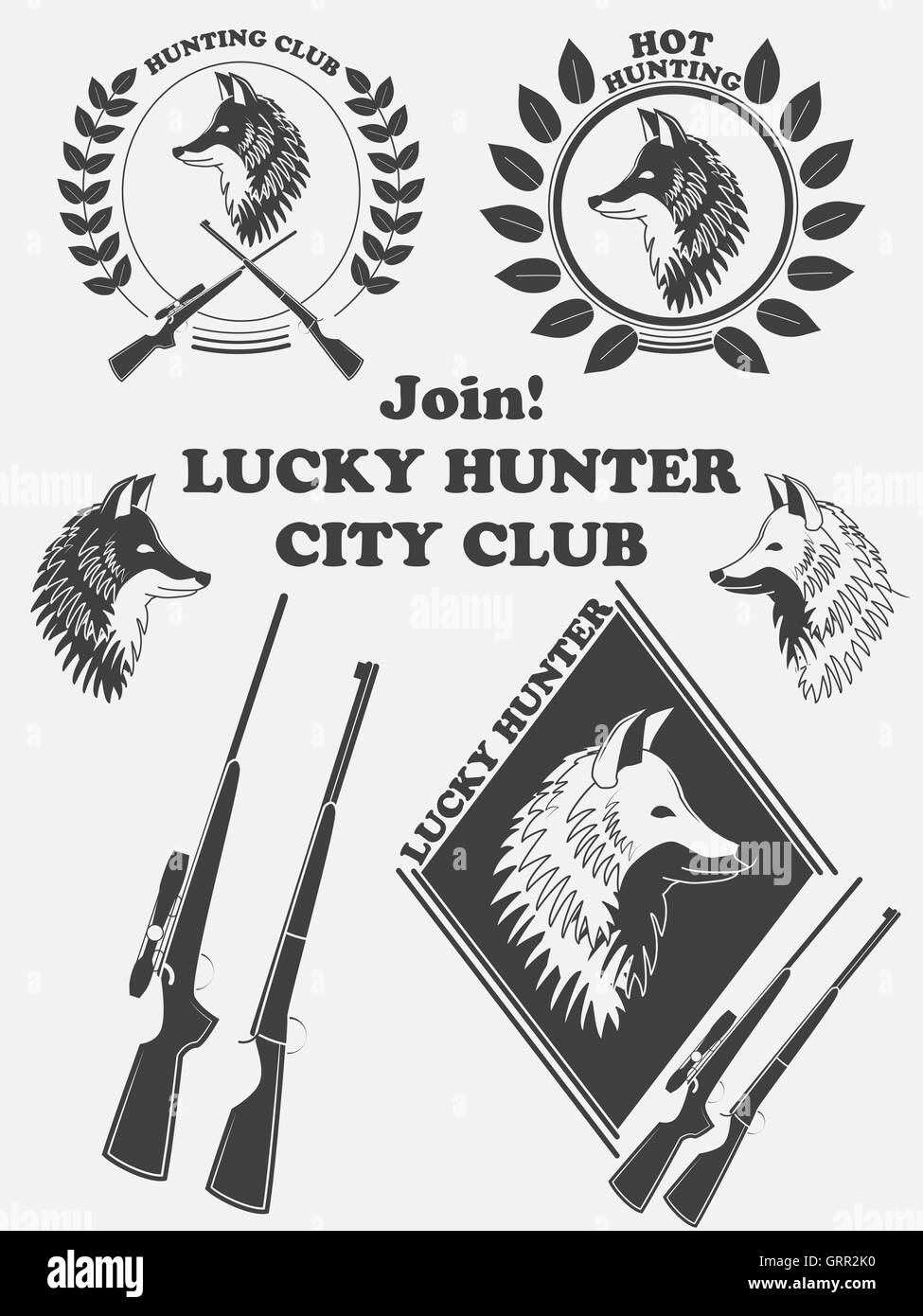 Etichetta Vintage con una volpe, armi per fortuna club di caccia. Vettore Illustrazione Vettoriale