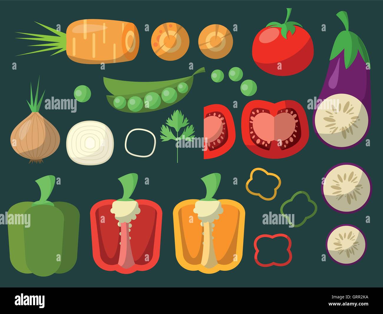 Set di trito di verdure su uno sfondo verde per il vostro design. Vettore Illustrazione Vettoriale