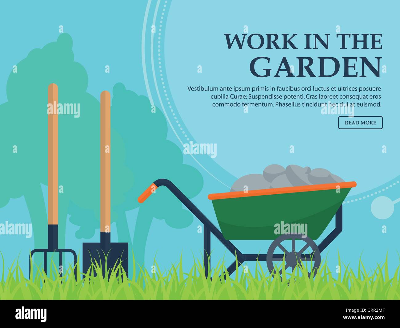 Carriola, pala e il forcone per lavorare in giardino su uno sfondo di alberi con spazio per la vostra pubblicità. Vettore Illustrazione Vettoriale
