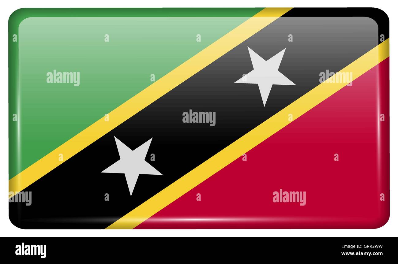Bandiere Saint Kitts Nevis nella forma di un magnete sul frigo con riflessi di luce. Vettore Illustrazione Vettoriale