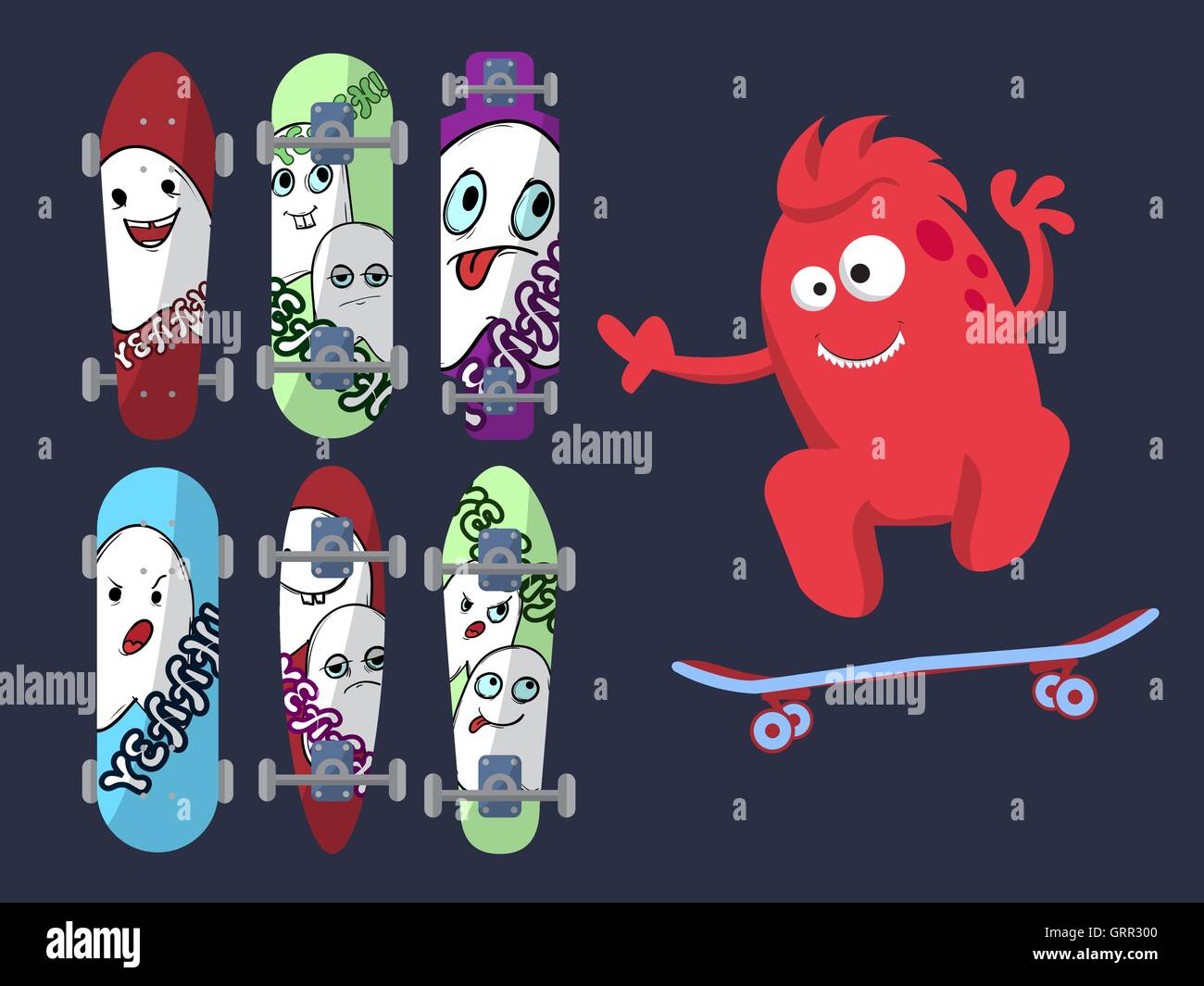 Sei brillanti skateboard con le immagini dei simpatici fantasmi su sfondo scuro con un mostro rosso. Vettore Illustrazione Vettoriale