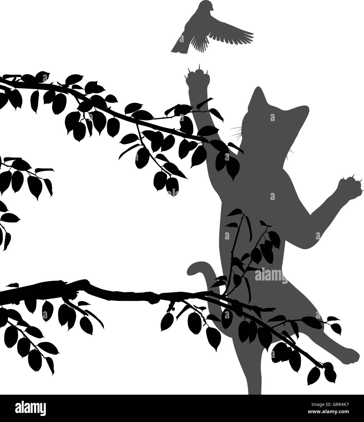 Vettoriale modificabile illustrazione silhouette di un gatto saltando per la cattura di un piccolo giardino bird Illustrazione Vettoriale