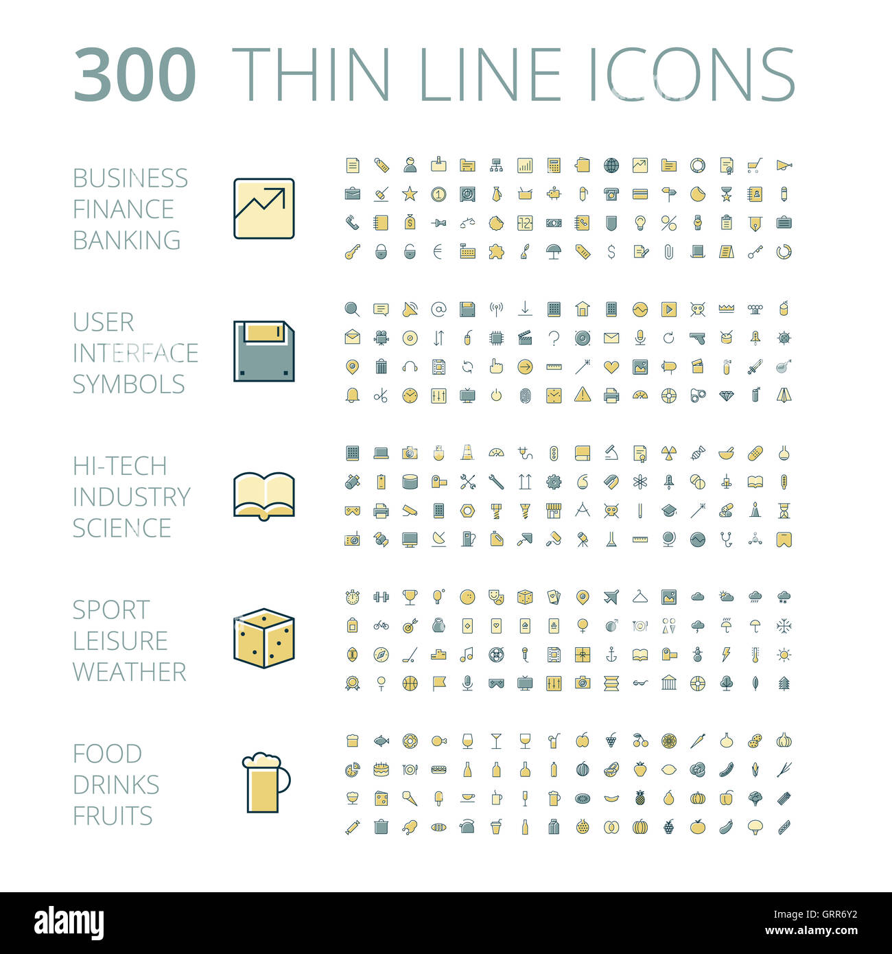 Design piatto icone per business, tecnologia industriale, interfaccia utente, cibo e bevande. Foto Stock