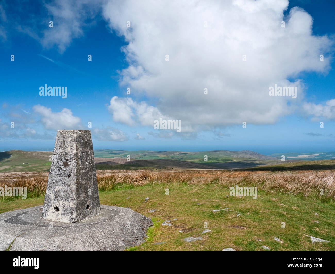 Trig pilastro su Foel Cwmcerwyn, il punto più alto del Preseli Hills e del Pembrokeshire a 536m Foto Stock