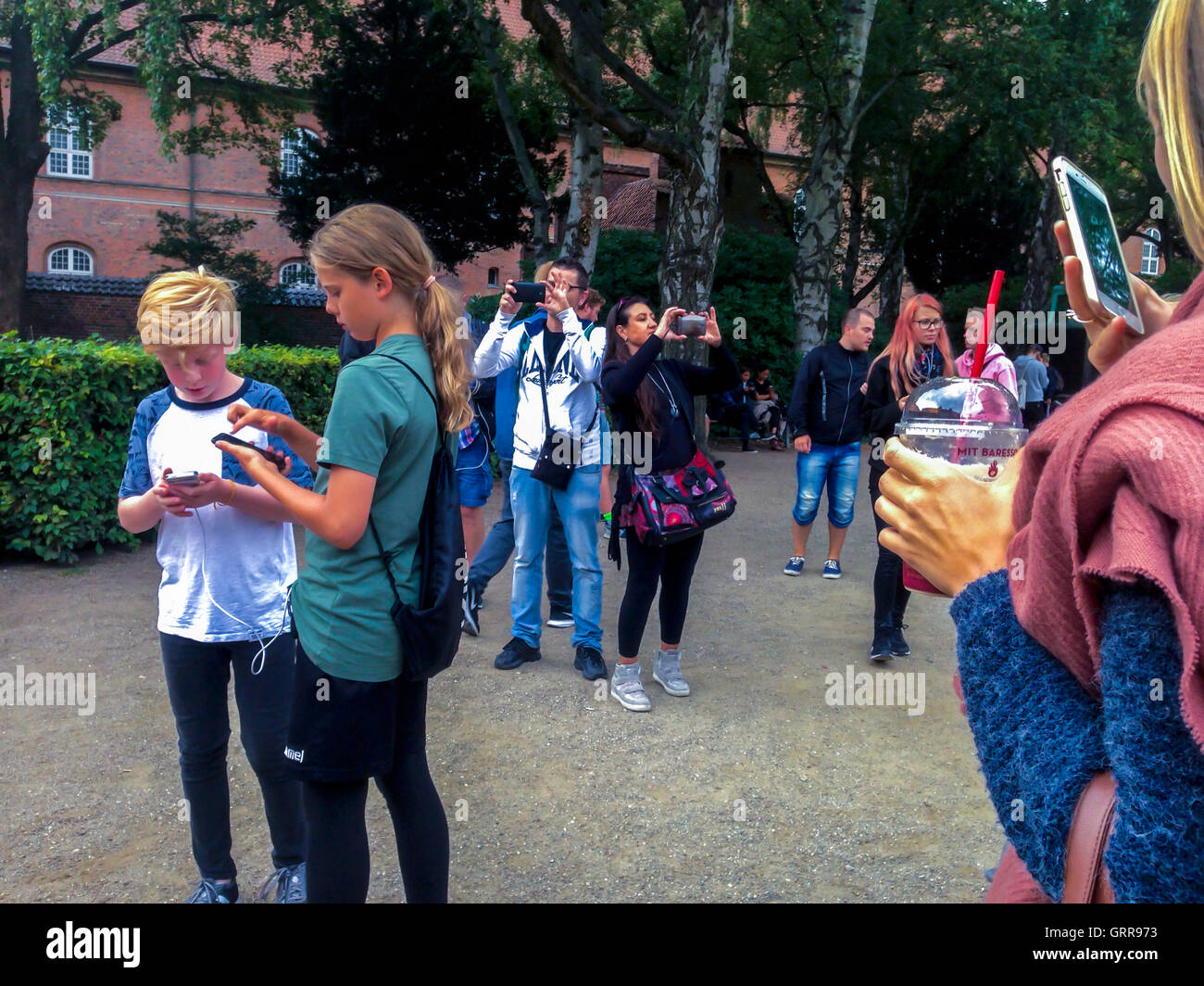 Copenhagen, Danimarca, gruppo danese di bambini che giocano Smart Phone Game 'Pokemon Vai' nel Parco Pubblico, danese (Museo ebraico giardino) telefoni intelligenti affluenza di pubblico Foto Stock