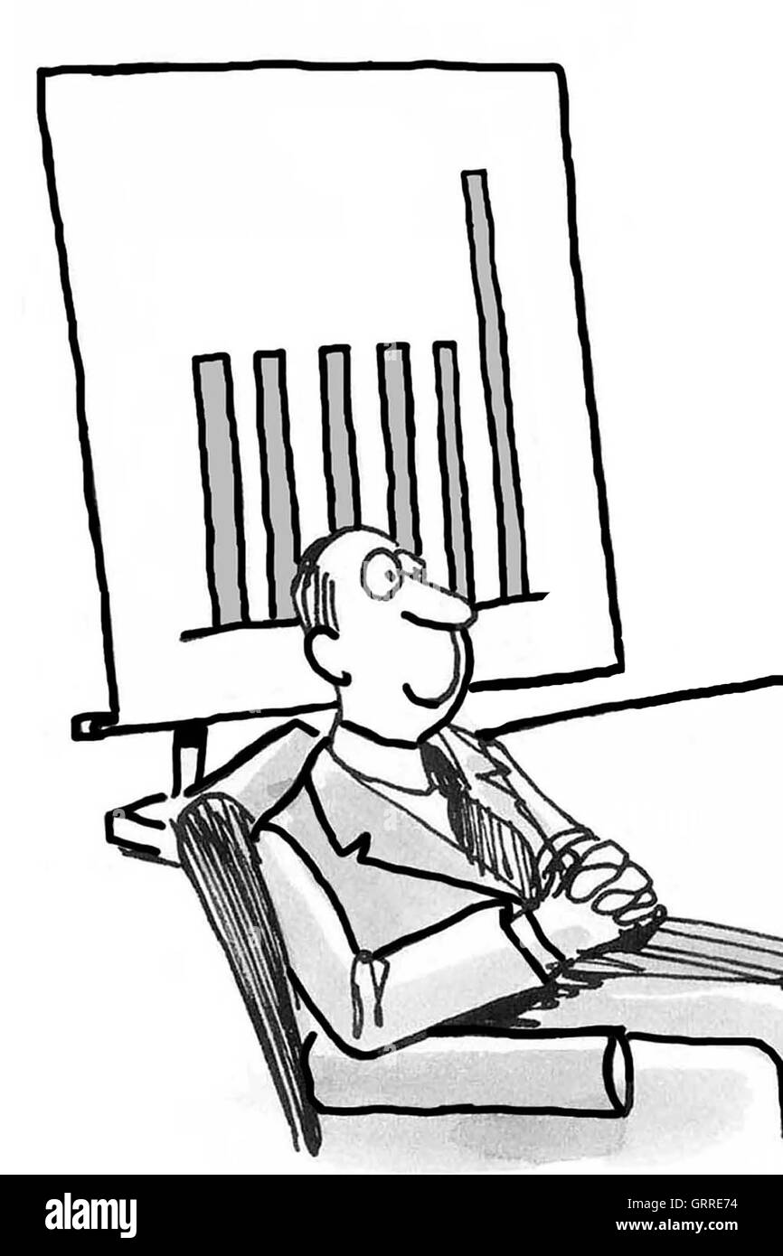 B&W business illustrazione che mostra sorridente imprenditore seduto in una riunione a fianco di un grafico a barre. Foto Stock