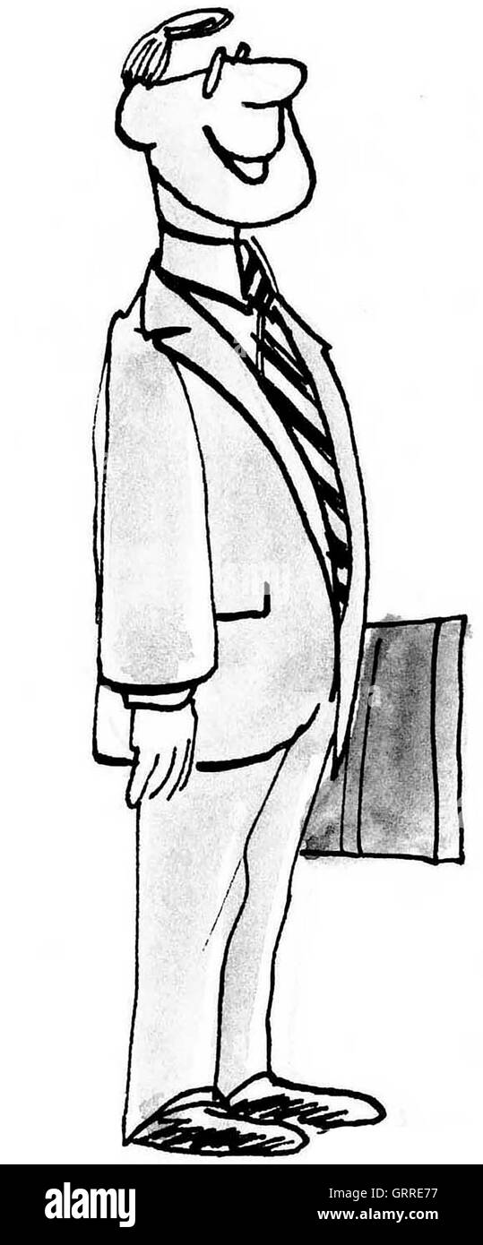 B&W business illustrazione che mostra sorridente imprenditore indossare tuta e portando la ventiquattrore. Foto Stock