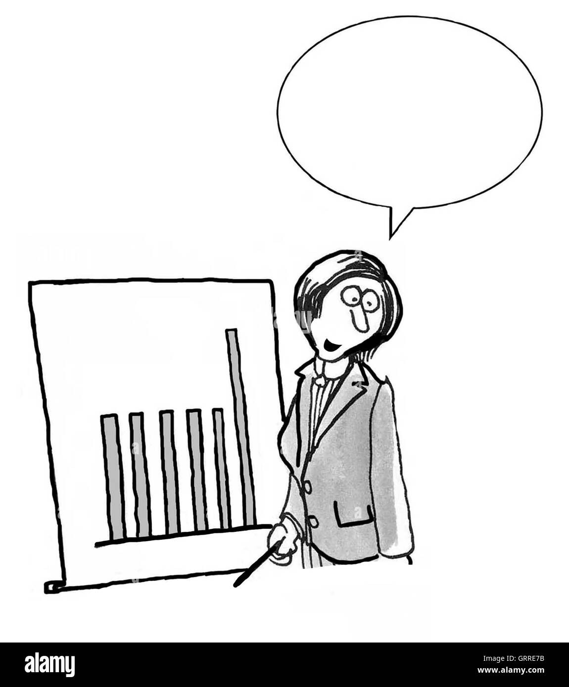 Inserire il proprio testo. B&W business illustrazione mostrante una imprenditrice parlare come essa si erge da un grafico a barre. Foto Stock