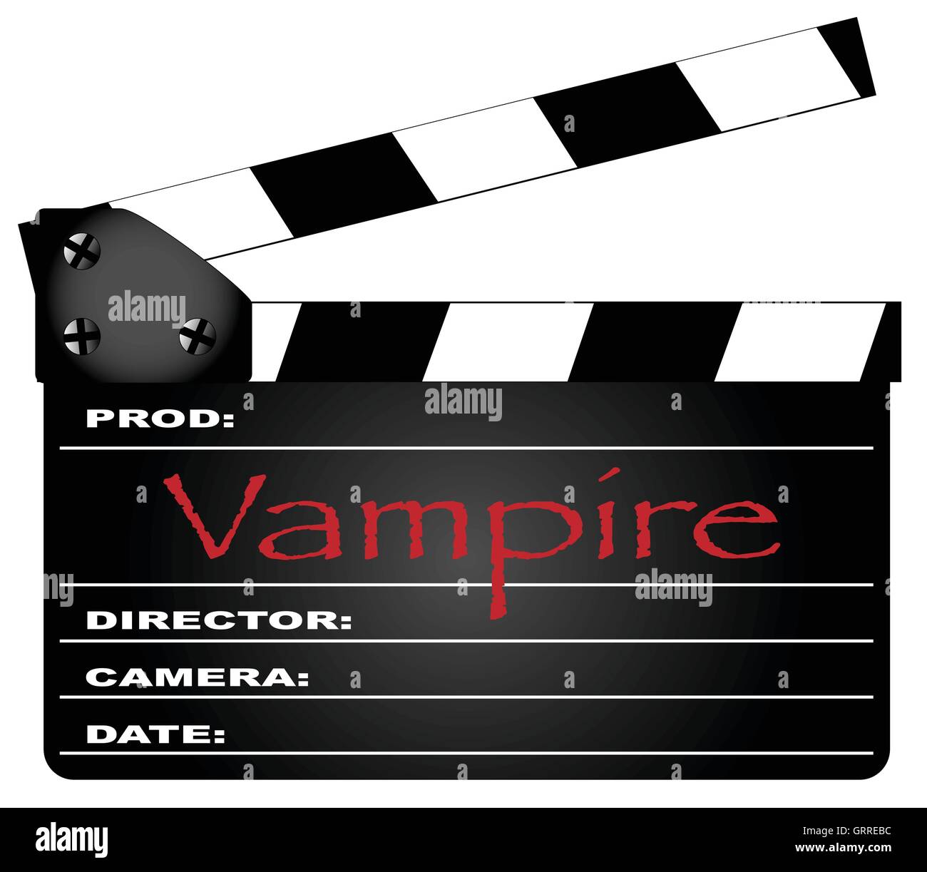 Un tipico film clapperboard con la leggenda vampiro isolato su bianco. Illustrazione Vettoriale