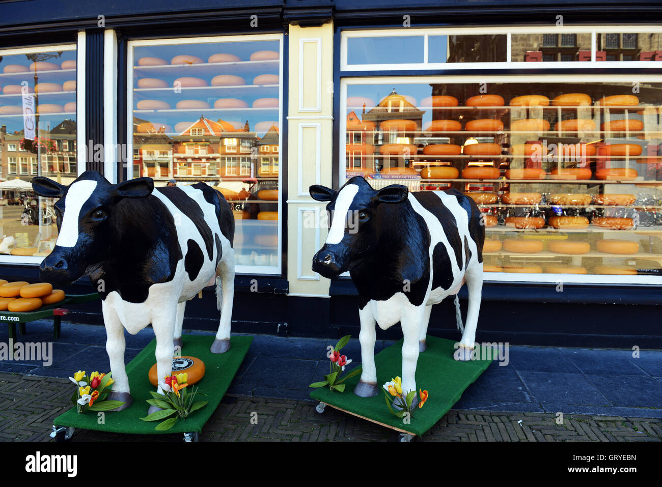 Un colorato formaggio Olandese shop in Delft, Markt square. Foto Stock