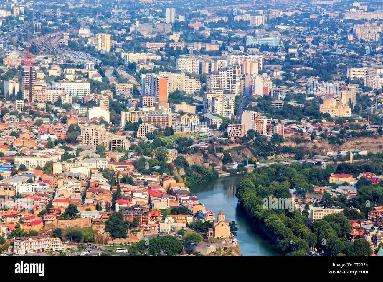 Vista aerea del centro di Tbilisi, capitale della Georgia Foto Stock