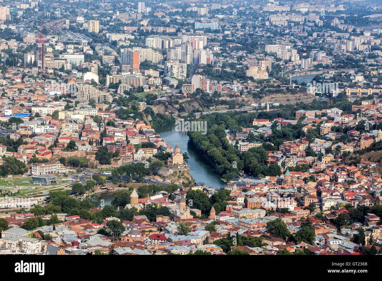 Vista aerea del centro di Tbilisi, capitale della Georgia Foto Stock