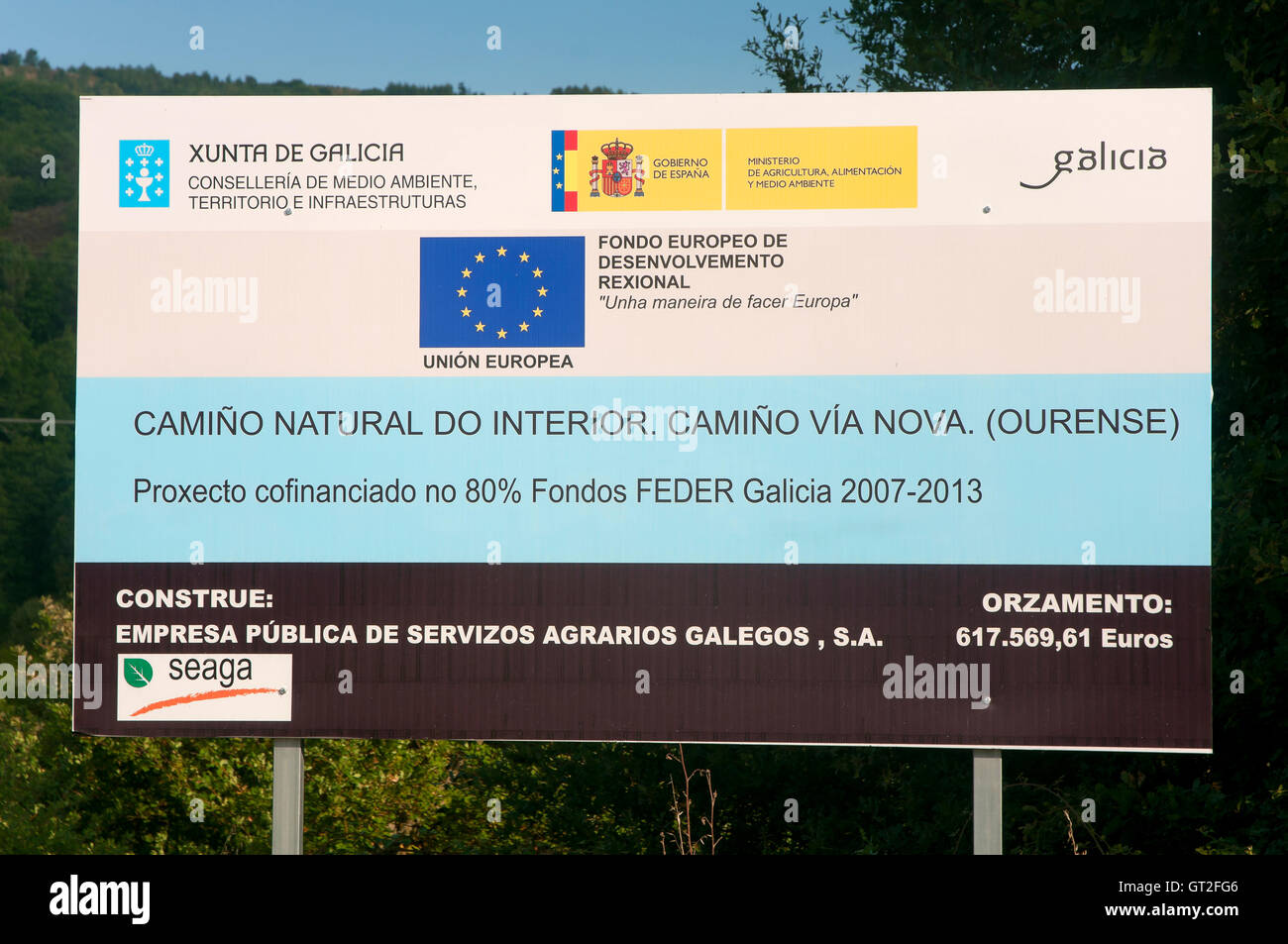 Poster fondi FESR, bande, provincia di Orense, regione della Galizia, Spagna, Europa Foto Stock