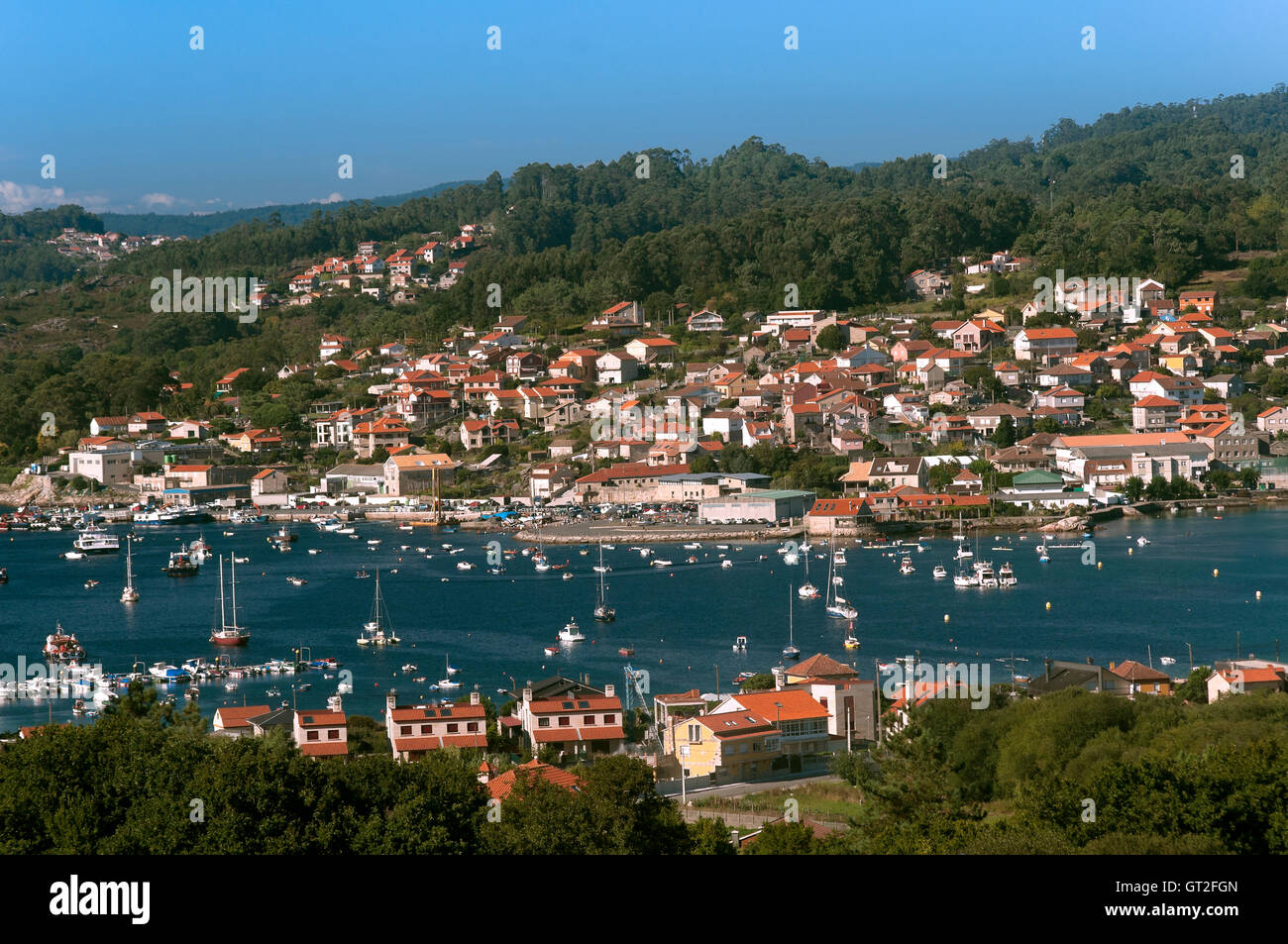 Vista panoramica con estuario, Aldan, provincia di Pontevedra, nella regione della Galizia, Spagna, Europa Foto Stock