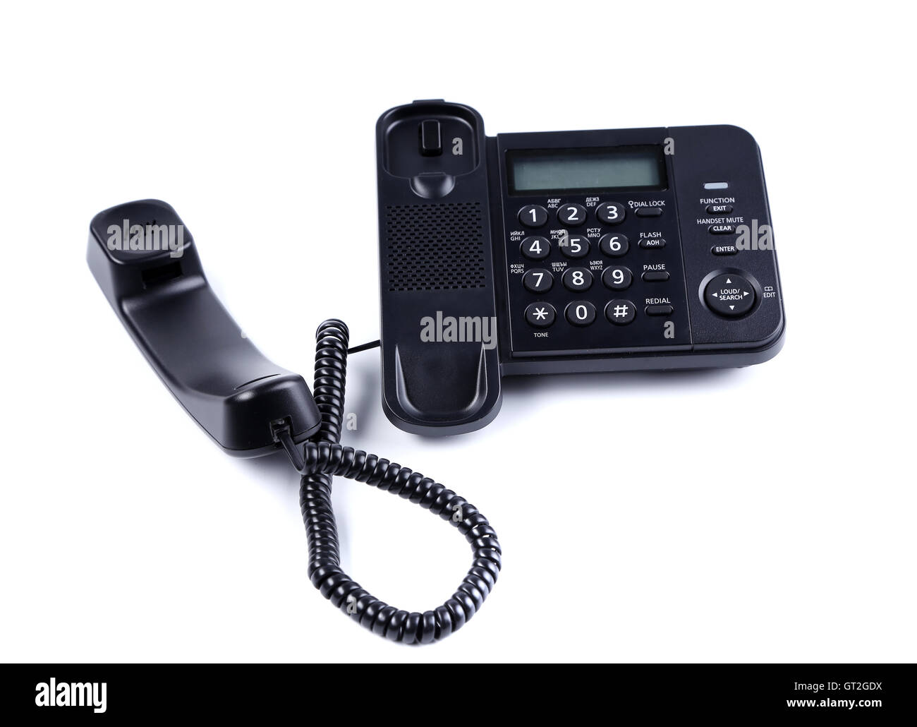 Nero Telefono ufficio isolato su sfondo bianco Foto Stock