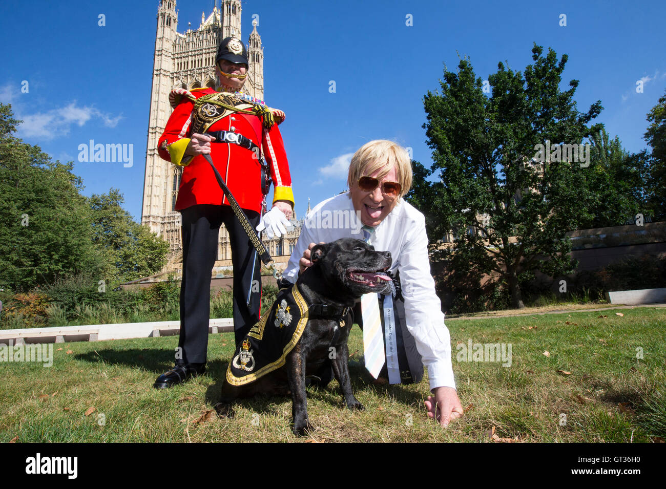 Michael Fabricant,MP per Lichfield, con Greg siepi e Sgt Sentinella V,a Staffordshire bull terrier,mascotte del reggimento Foto Stock