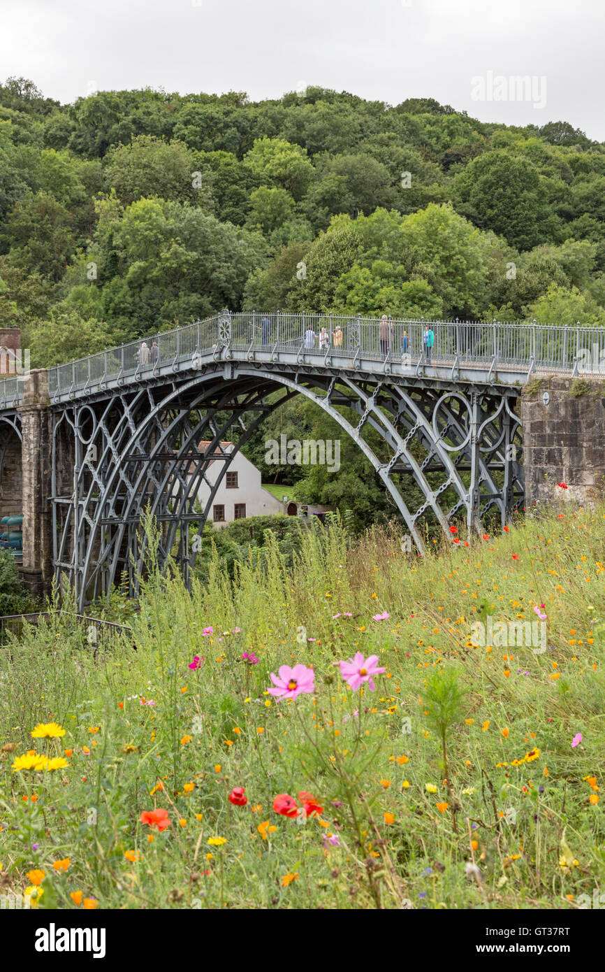 Lo storico ponte di ferro attraversa il fiume Severn in Shropshire village di Ironbridge vicino a Telford, England, Regno Unito Foto Stock