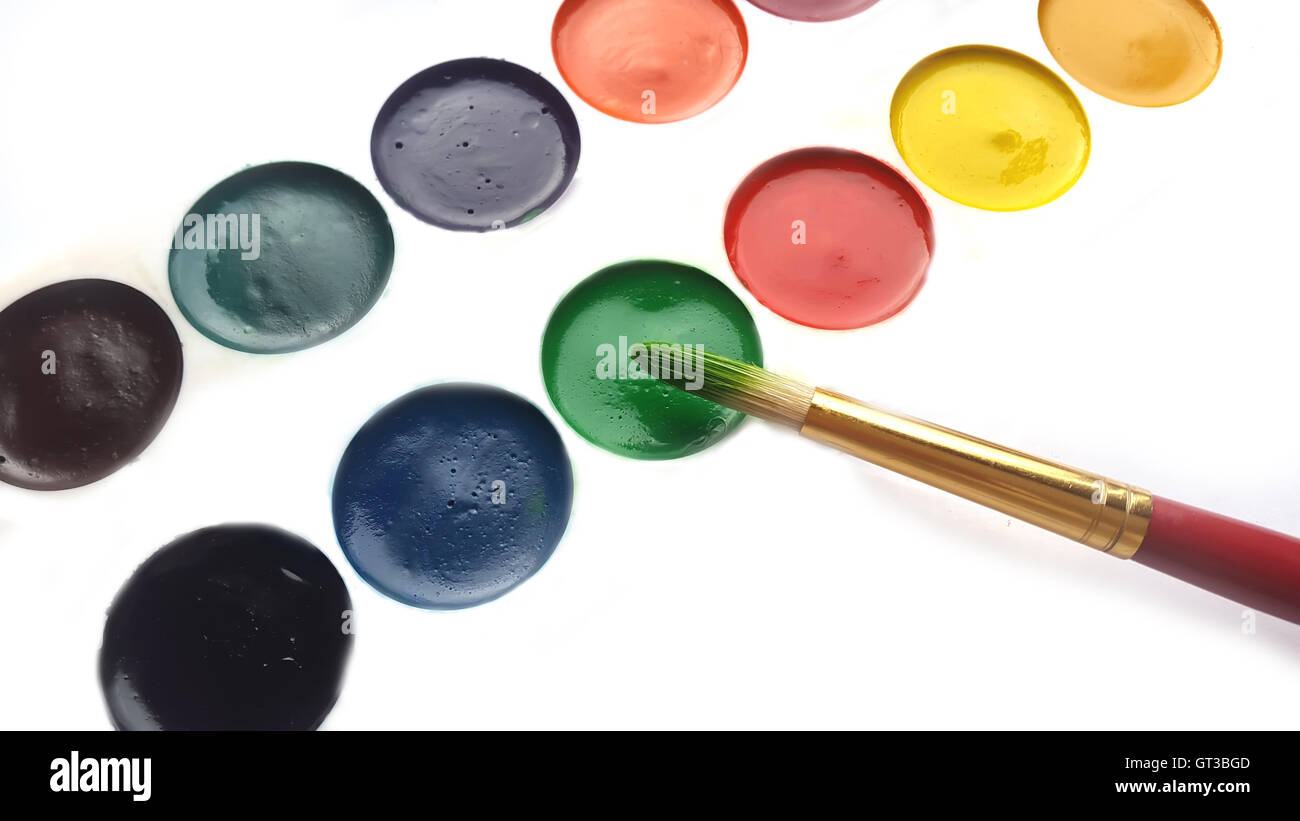 Pennello che tocca una pasta di pittura acquerello verde su sfondo bianco Foto Stock