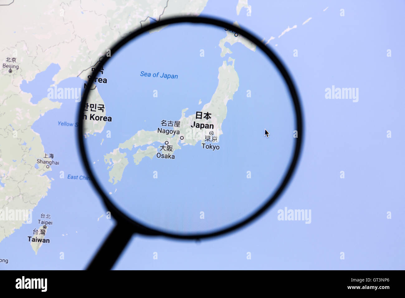 Mappa del Giappone. Mappa di Giappone su Google Maps sotto una lente di ingrandimento. Foto Stock