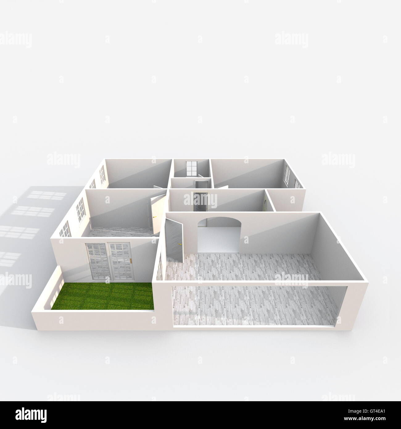 3D Interni rendering vista prospettica del vuoto home appartamento con materiali per pavimento Foto Stock