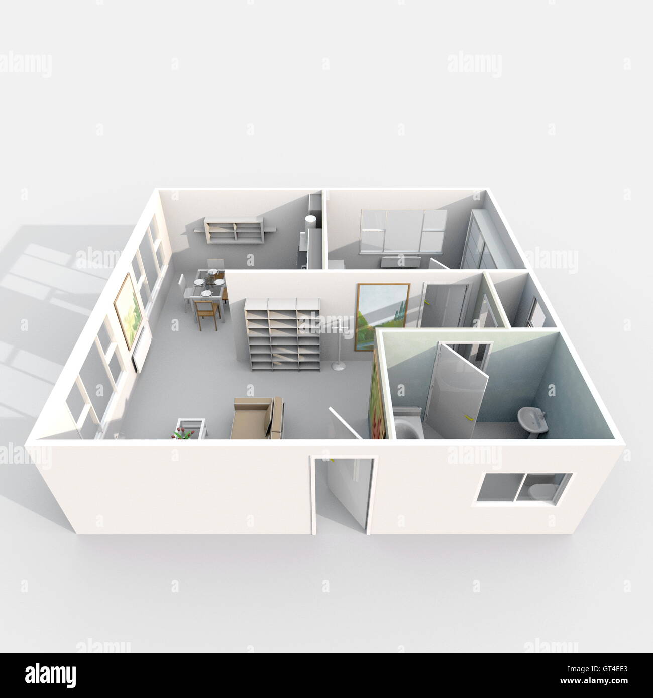 3D Interni rendering vista prospettica di arredato appartamento home Foto Stock