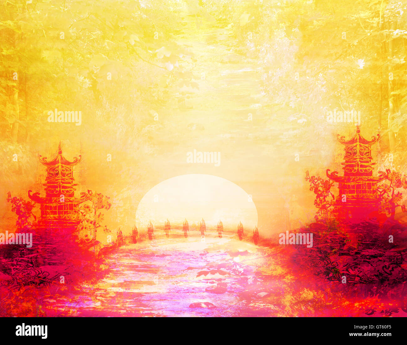 Tramonto nel lago con Pagoda Foto Stock