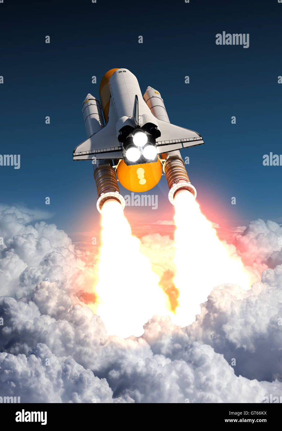 Lo Space Shuttle decolla sopra le nuvole. 3D'illustrazione. Foto Stock