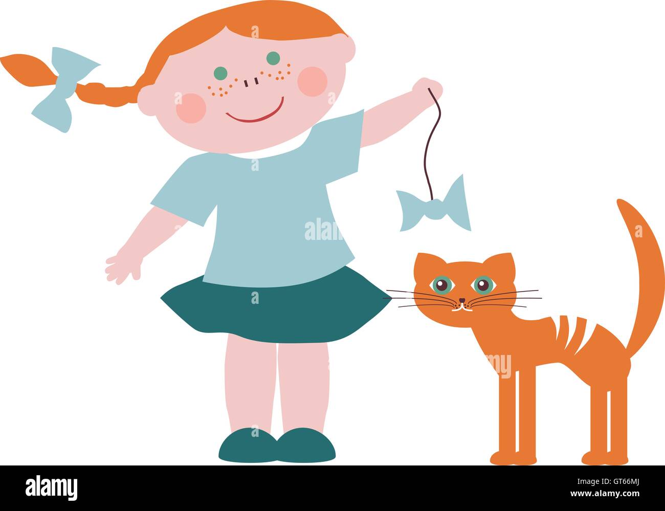 Redhead sorridente bambina ci stuzzica il gatto Illustrazione Vettoriale