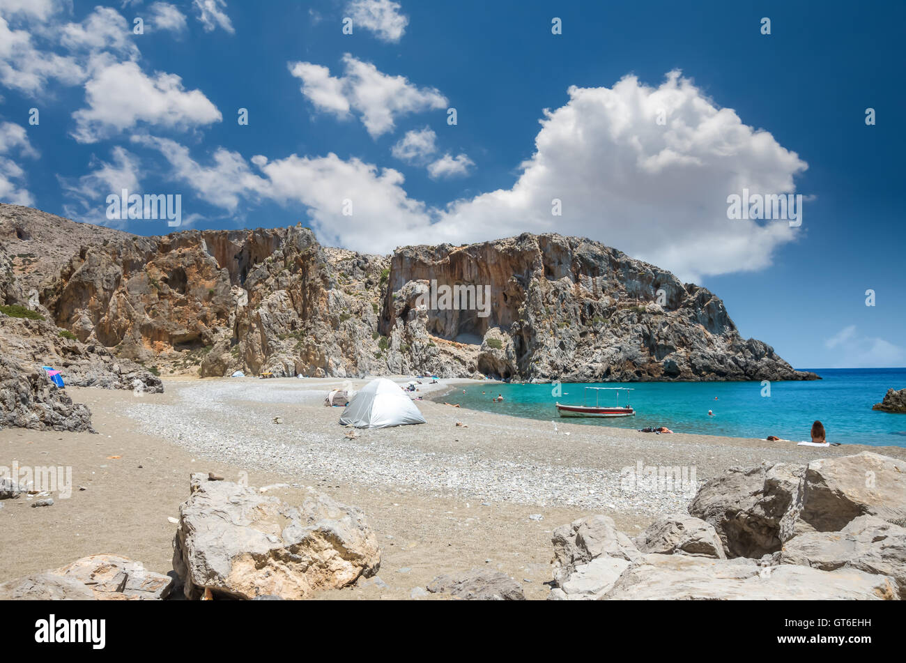 Agiofarago beach, Creta, Grecia. Agiofaraggo è una delle più belle spiagge di Creta. Esso è circondato da scogliere. Foto Stock