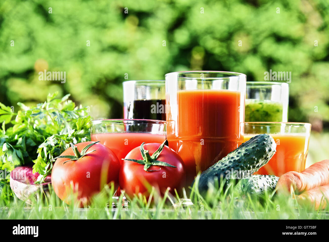 Occhiali con fresche biologiche detox di succhi di frutta in giardino. Foto Stock