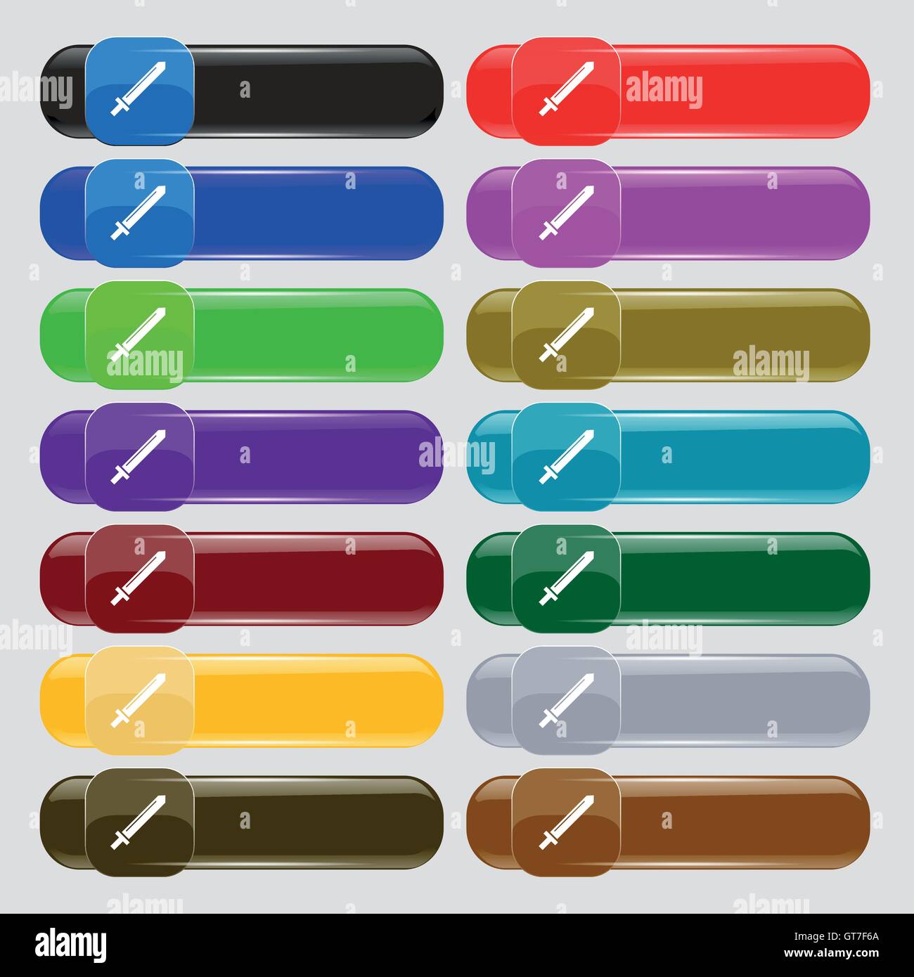 Icona di spada segno. Set da quattordici multi-colore pulsanti di vetro con posto per il testo. Vettore Illustrazione Vettoriale