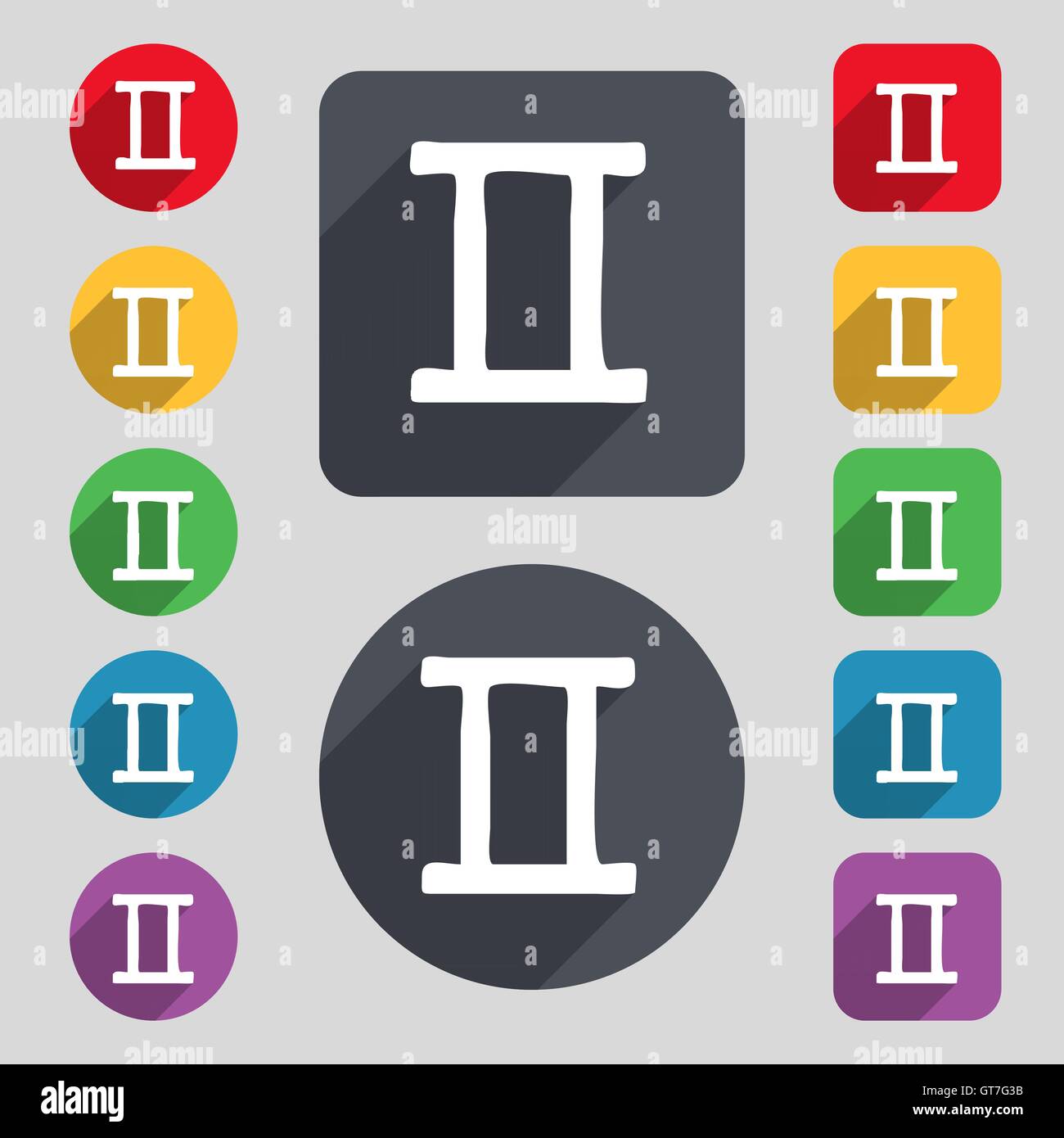 Icona Gemini segno. Una serie di dodici tasti colorati e una lunga ombra. Design piatto. Vettore Illustrazione Vettoriale