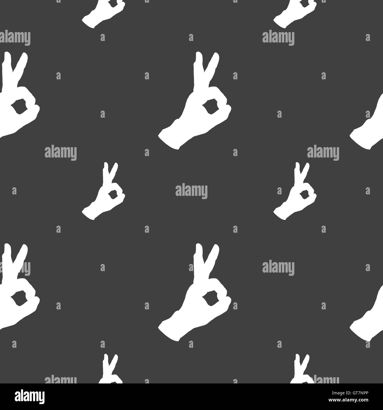 Gesto segno ok. Seamless pattern su uno sfondo grigio. Vettore Illustrazione Vettoriale
