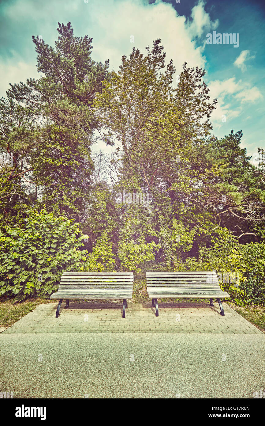 Vecchio film stilizzato retrò due banchi vuoti in un parco. Foto Stock