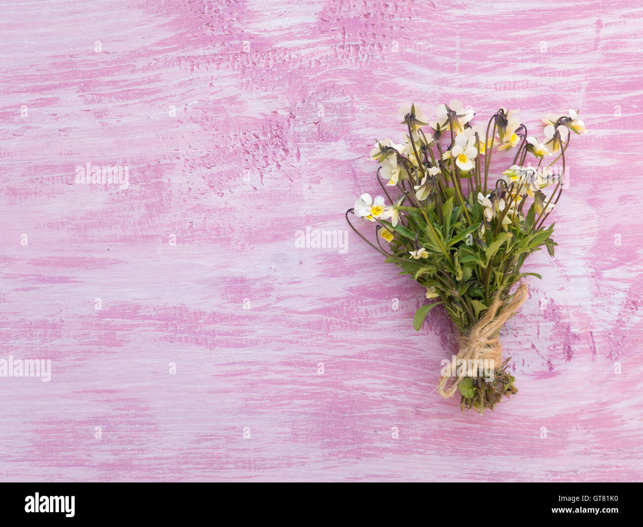 Wild pansy giallo bouquet di fiori legati con corda di iuta sul viola rustico sfondo dipinto Foto Stock