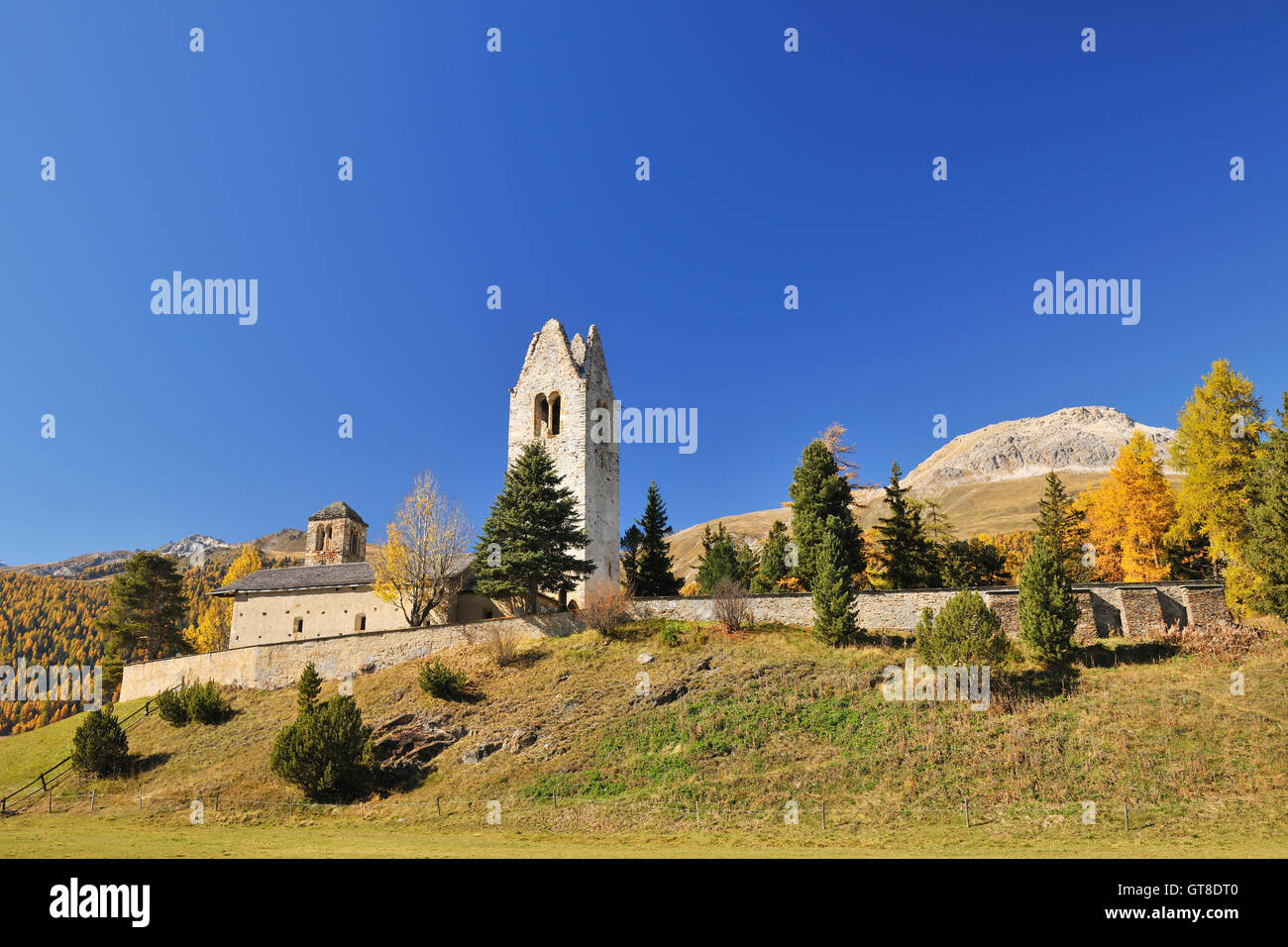 San Gian Chiesa, Celerina / Schlarigna, Maloja, Canton Grigioni, Svizzera Foto Stock