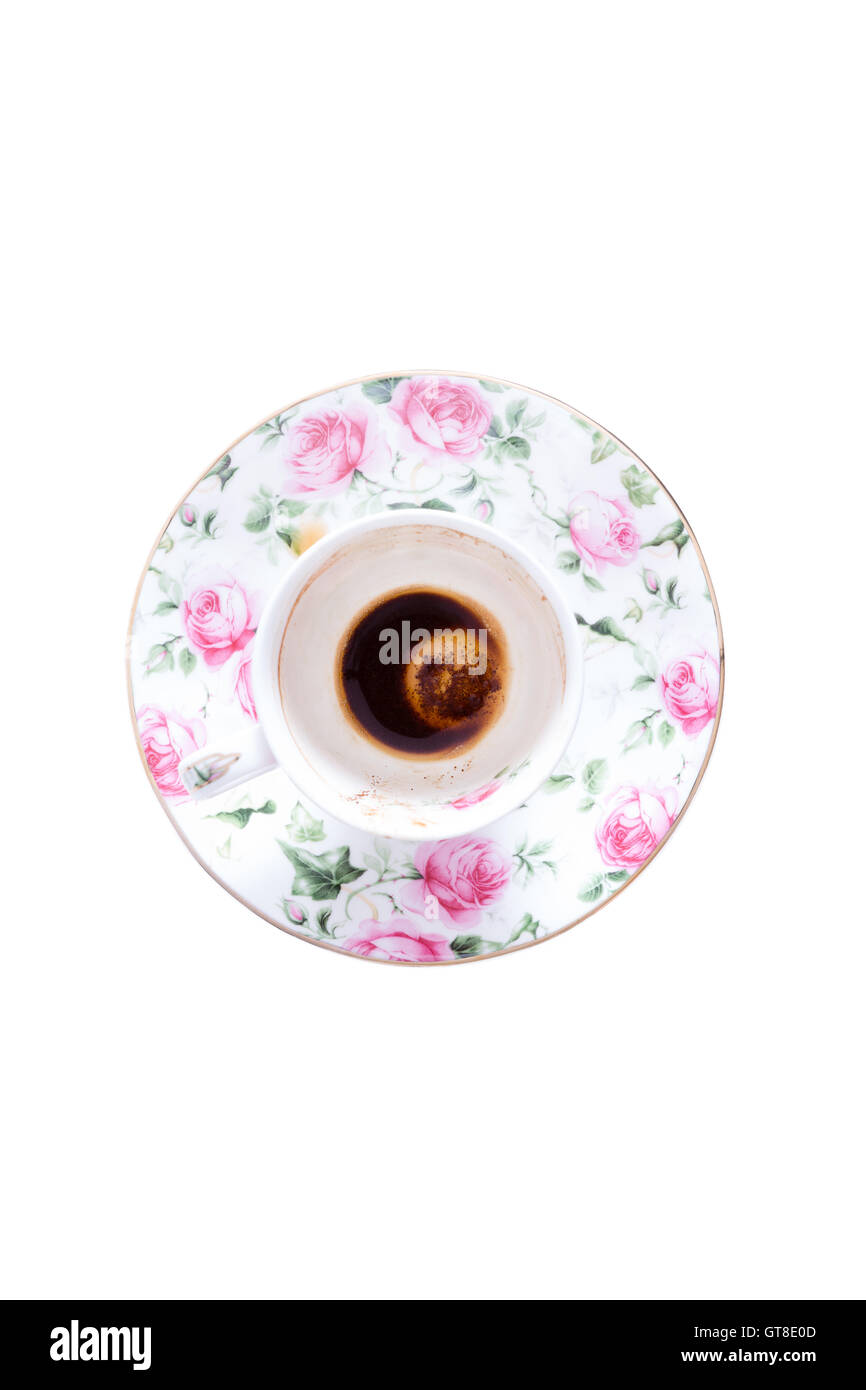 Finito di tazza di Bagno Turco in un dolce floreale bella tazza di porcellana con piattino decorato con le rose rosa caffè visto dal di sopra è Foto Stock