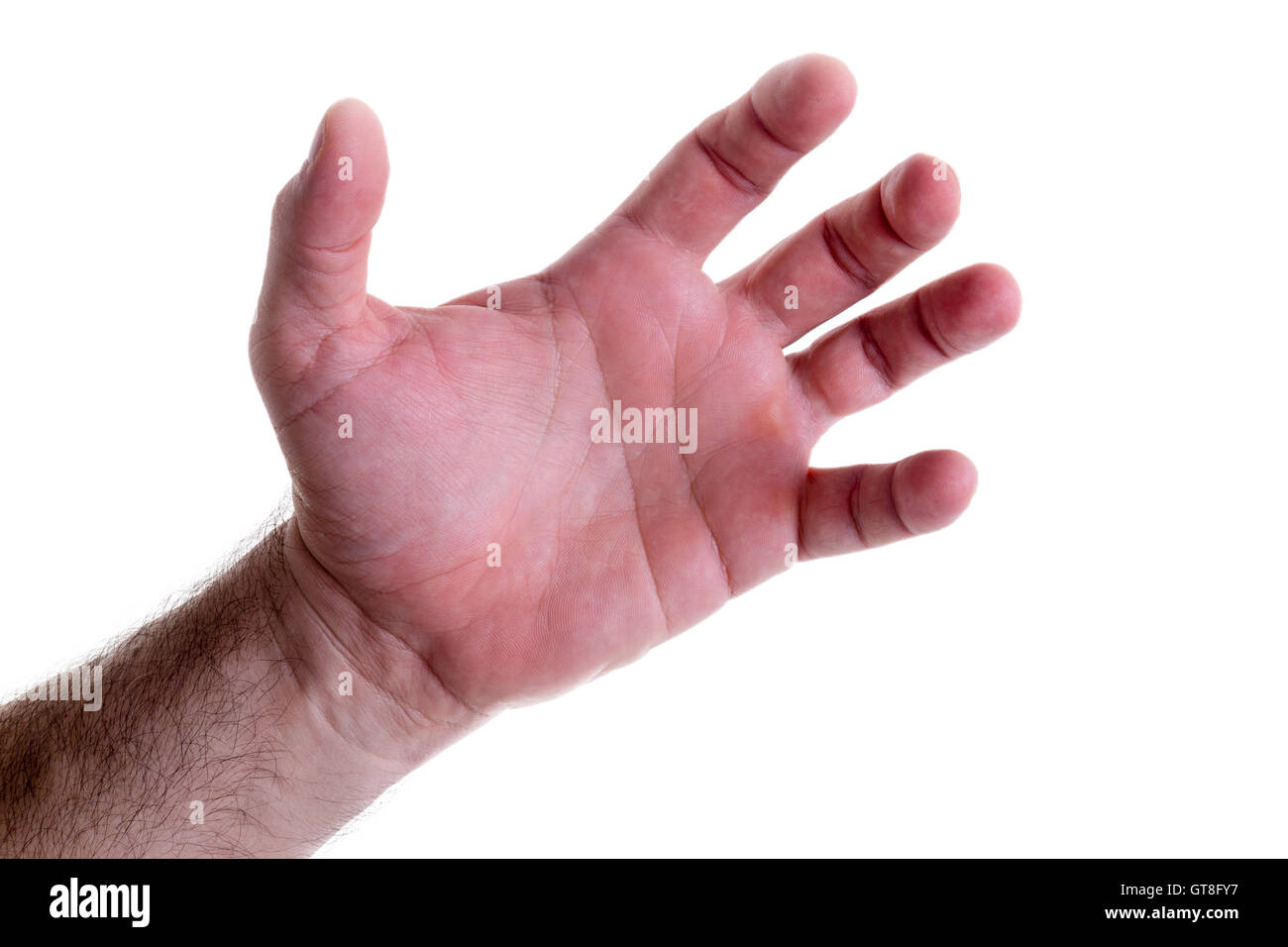 Presa sinistra muscolare maschio con mano flessa dita e il pollice isolato su bianco in un concetto di aiuto e di assistenza Foto Stock