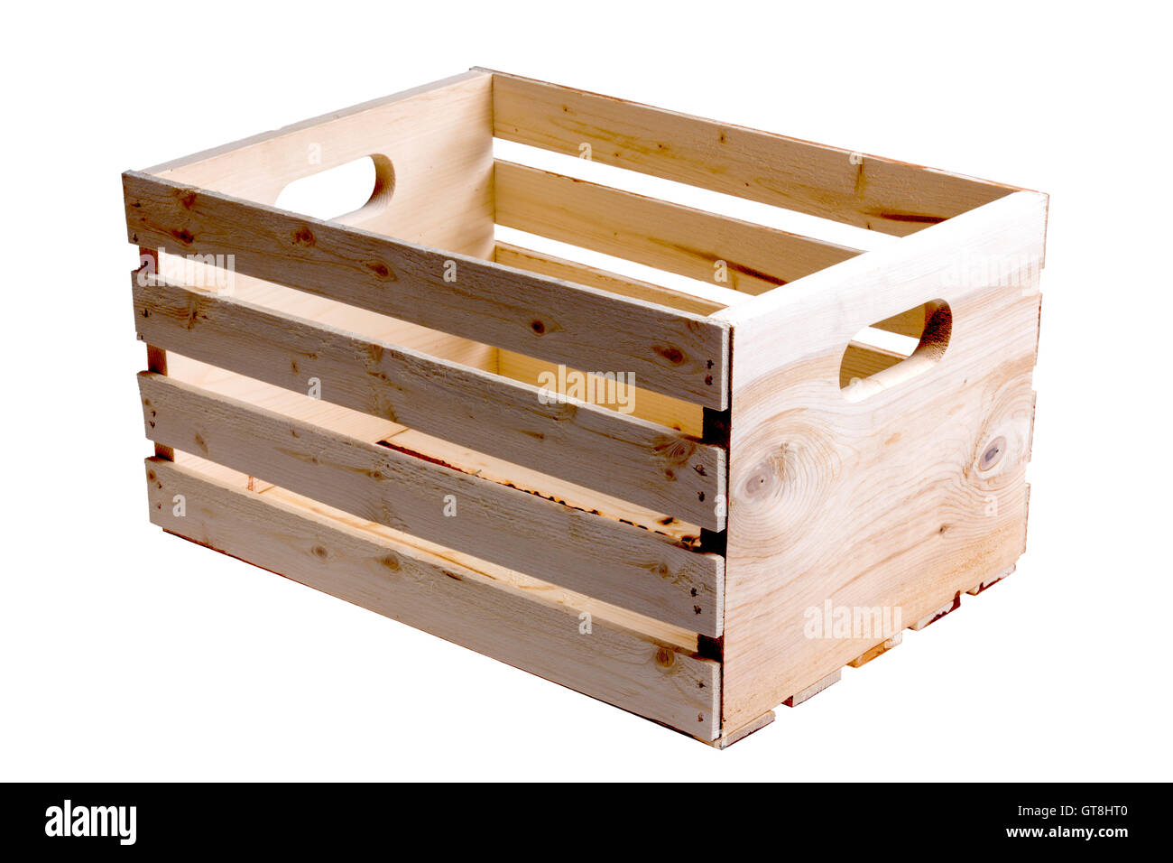 Vuoto singolo pannello di legno contenitore utilizzato per il trasporto di frutta o verdura isolato su sfondo bianco Foto Stock