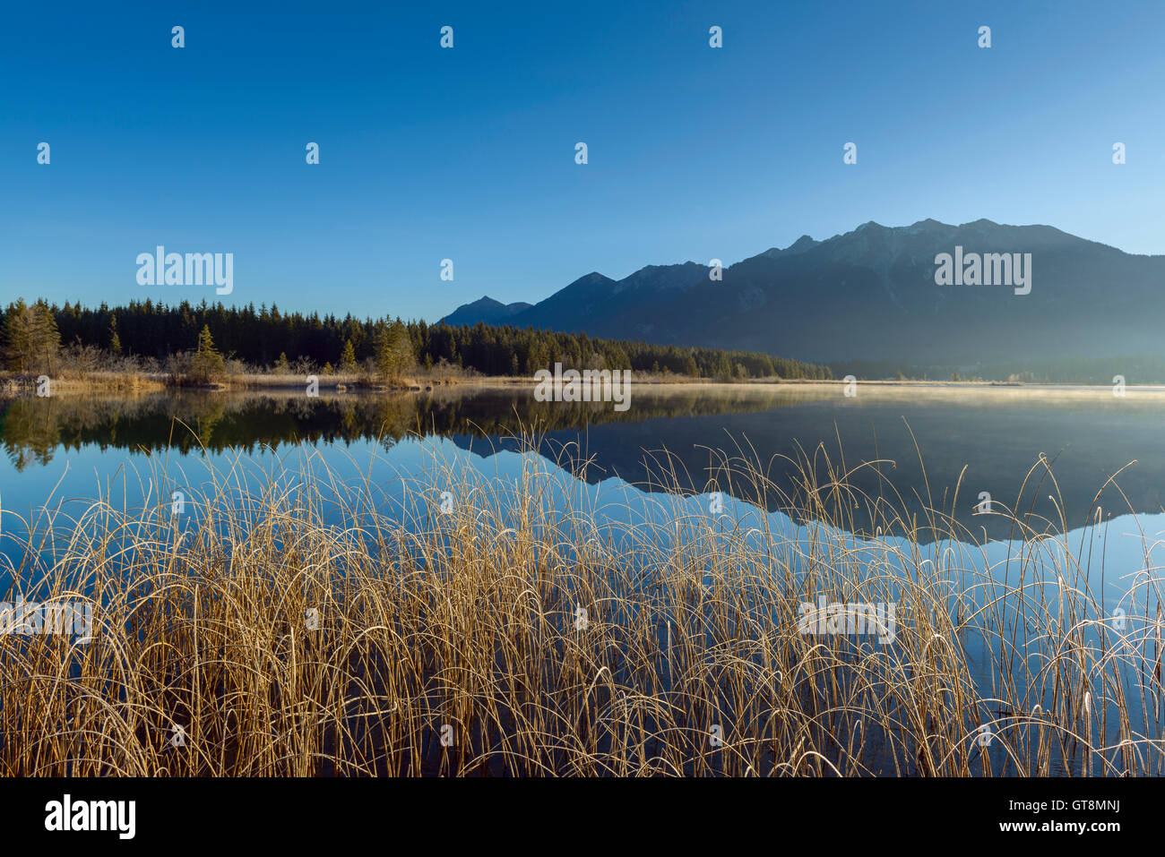 Il paesaggio si riflette nel lago Barmsee, Krun, Alta Baviera, Baviera, Germania Foto Stock
