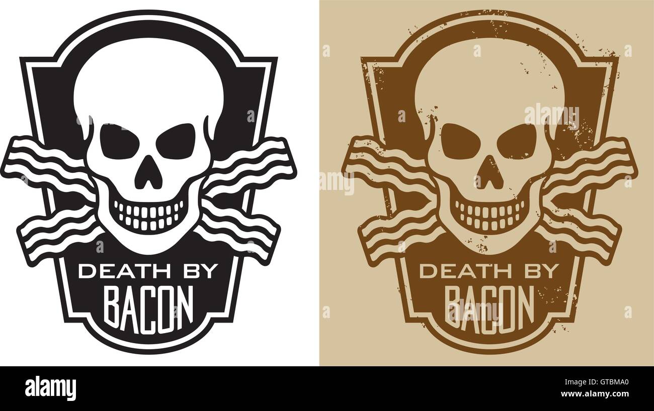 Illustrazione Vettoriale del cranio con attraversata la pancetta e lo slogan "morte di Bacon'. Include pulizia e grunge versioni. Illustrazione Vettoriale