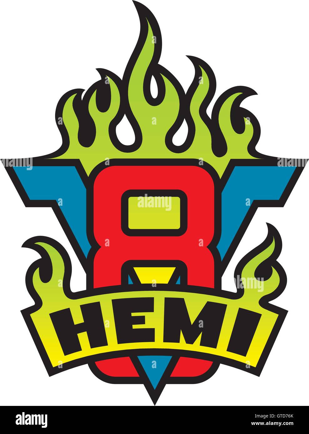 V8 Hemi motore emblema del logo con le fiamme e banner. Illustrazione Vettoriale