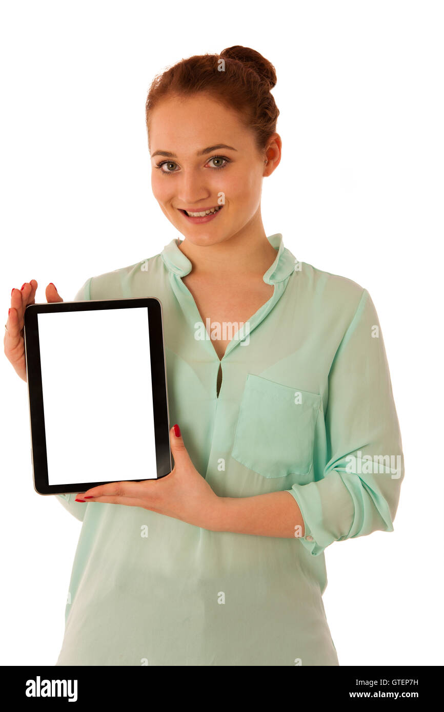 Business donna esplorando il web su un tablet isolate su sfondo bianco. Foto Stock