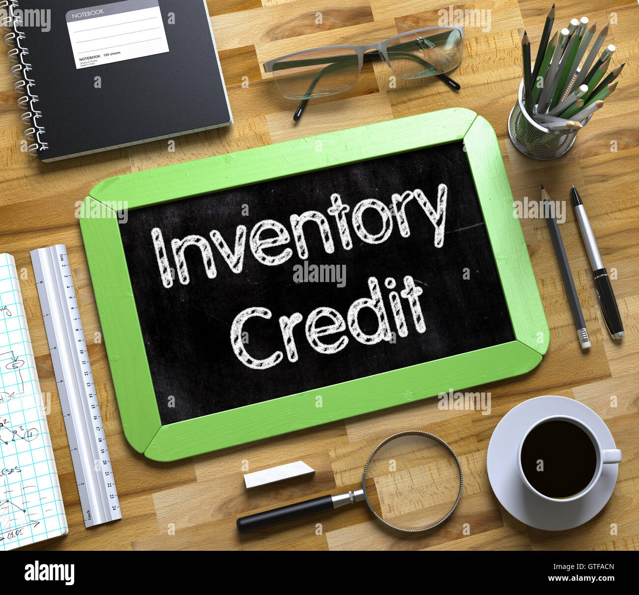 Credito di inventario sulle piccole lavagna. 3D'illustrazione. Foto Stock